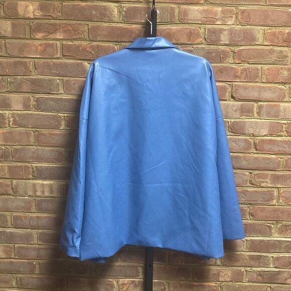 Pretty Little Thing Blue Faux Leather Drop Shoulder Oversized Dad Blazer Size 10 - Picture 6 of 8